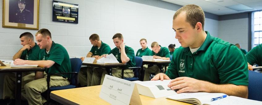 A criminal justice student sitting in class.