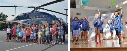 A collage of two images of children participating in youth programs. On the left is a group of children dancing on a stage and on the right is a group of children standing with Delaware State Troopers in front of the State Trooper helicopter